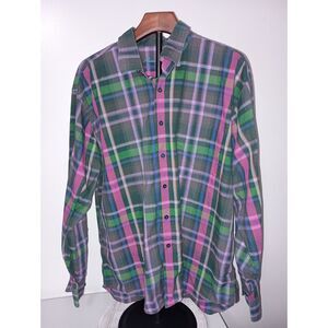 ALAN FLUSSER, Pink/Blue Check Long-Sleeve Casual Button-Down Shirt, Men Size XL